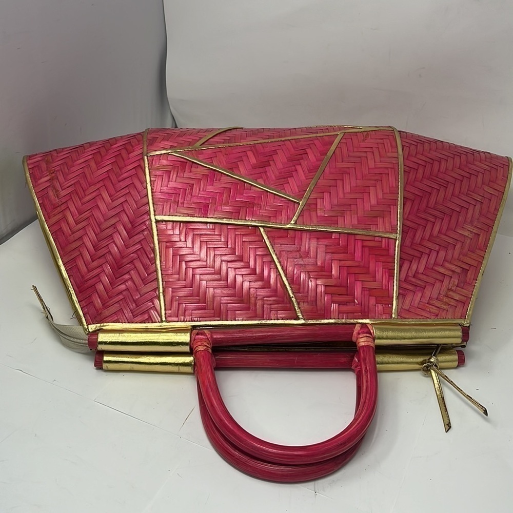 Pink Rattan Gold Lame Leather Zip Large Structured Handbag - Picture 8 of 16